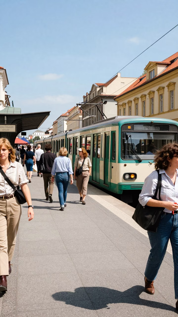 Vibrant Noon Street Scene in Prague Czech Republic with Metro Train and Local Life in in Prague, Czech Republic