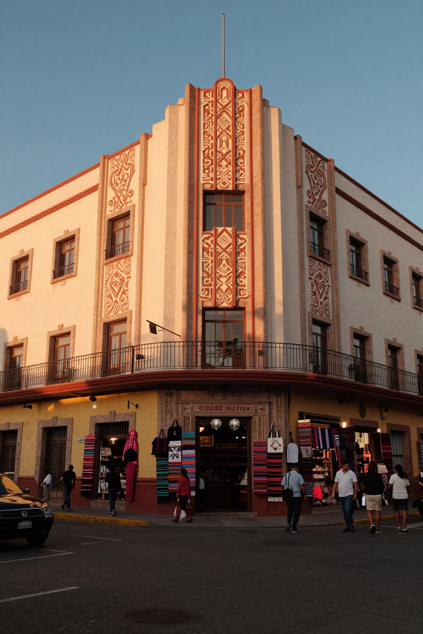 Vibrant Oaxaca Mexico Evening Street Scene with Art Deco Hotel Facade and Local Life in in Oaxaca, Mexico