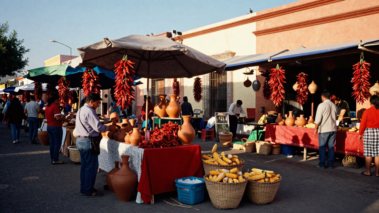 Vibrant Oaxaca Street Market Late Afternoon Scene with Local Vendors and Colorful Textiles in in Oaxaca, Mexico
