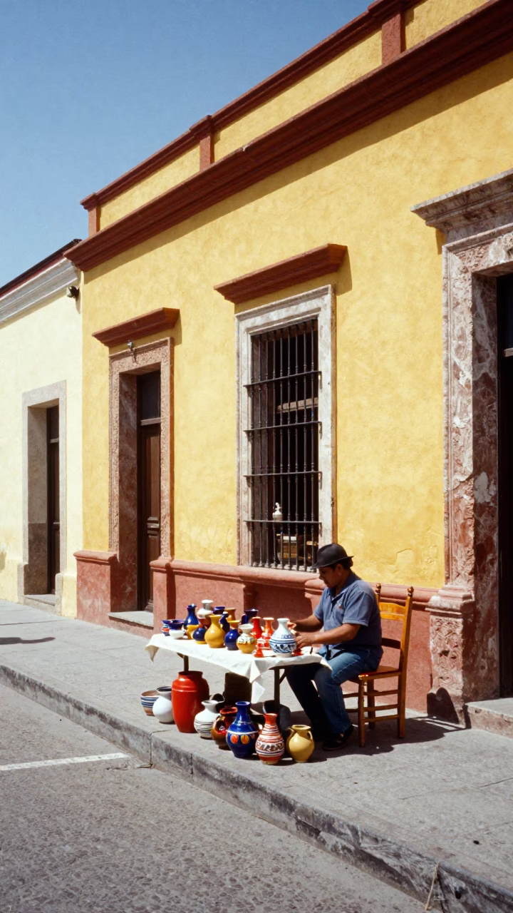 Vibrant Oaxaca Street Scene Under Flat Noon Sunlight With Leaf Shadows in in Oaxaca, Mexico