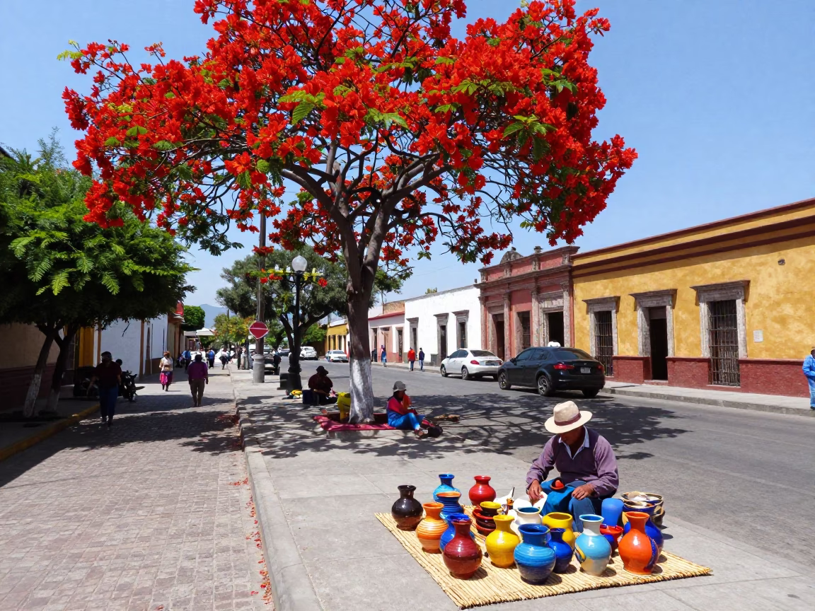 Vibrant Oaxaca Street Scene with Flame Tree Bloom and Local Market Activity in in Oaxaca, Mexico