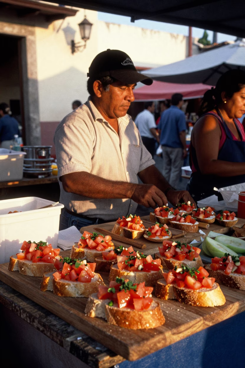 Vibrant Oaxacan Market Stall Displaying Fresh Bruschetta and Local Produce at Golden Hour Sunset in in Oaxaca, Mexico