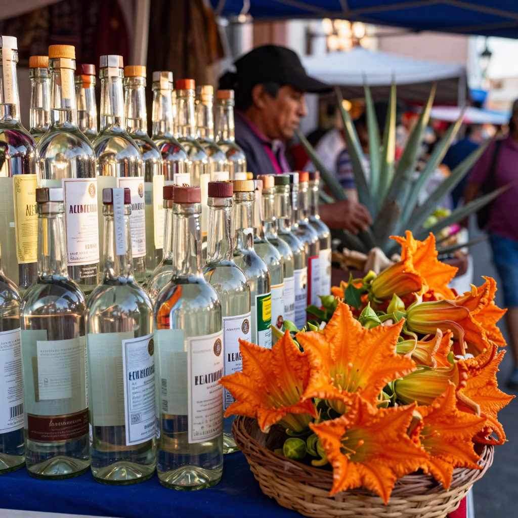 Vibrant Oaxacan Market Stall with Agave Mezcal and Squash Blossoms in Late Afternoon Light in in Oaxaca, Mexico