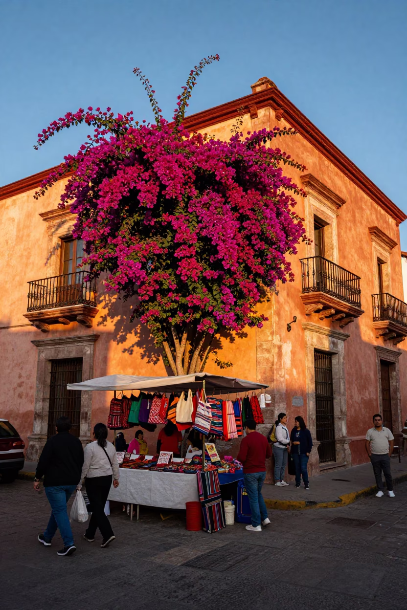 Vibrant Oaxacan Market Stall with Bougainvillea and Traditional Craftsmanship at Golden Hour in in Oaxaca, Mexico