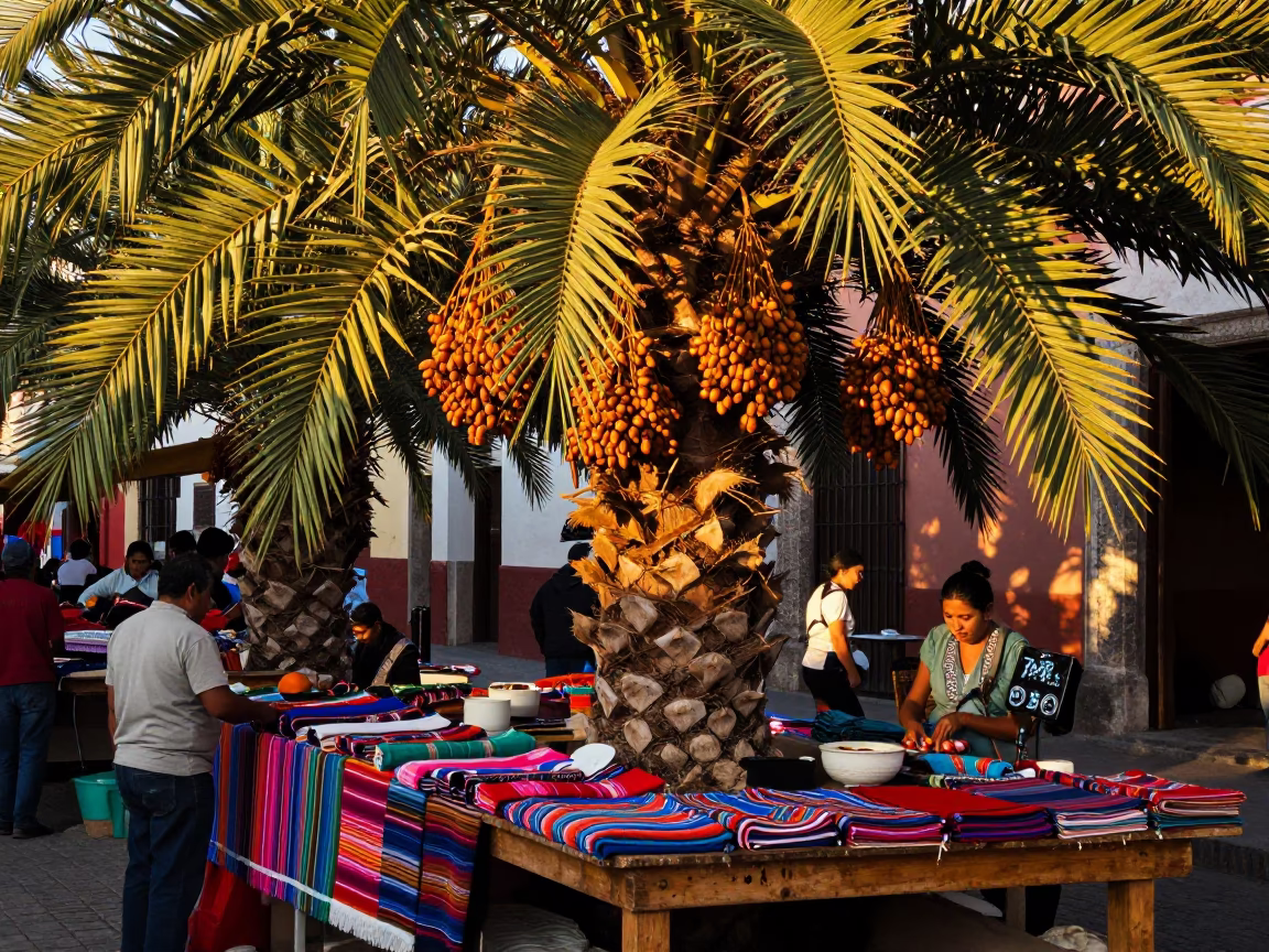 Vibrant Oaxacan Market Stall with Date Palms and Local Artisans in Golden Evening Light in in Oaxaca, Mexico