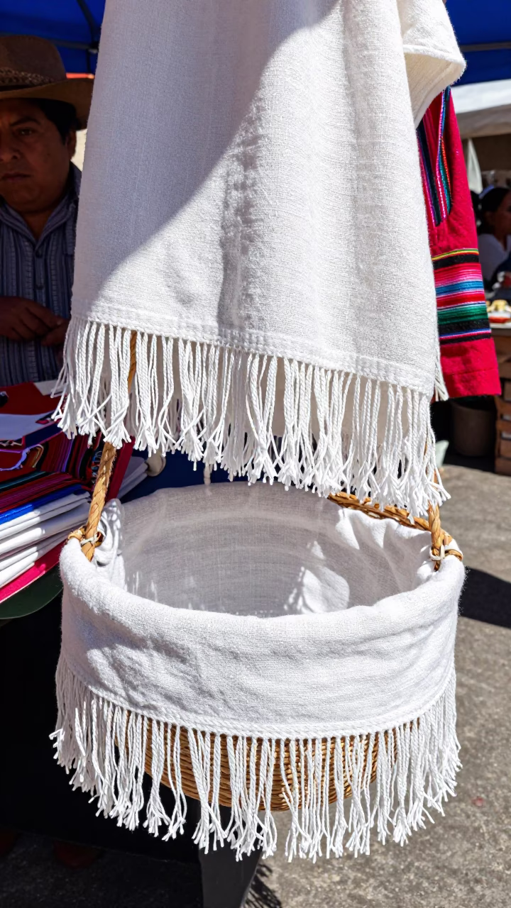 Vibrant Oaxacan Market Stall with White Linen Fringe Bowl at Midday in in Oaxaca, Mexico
