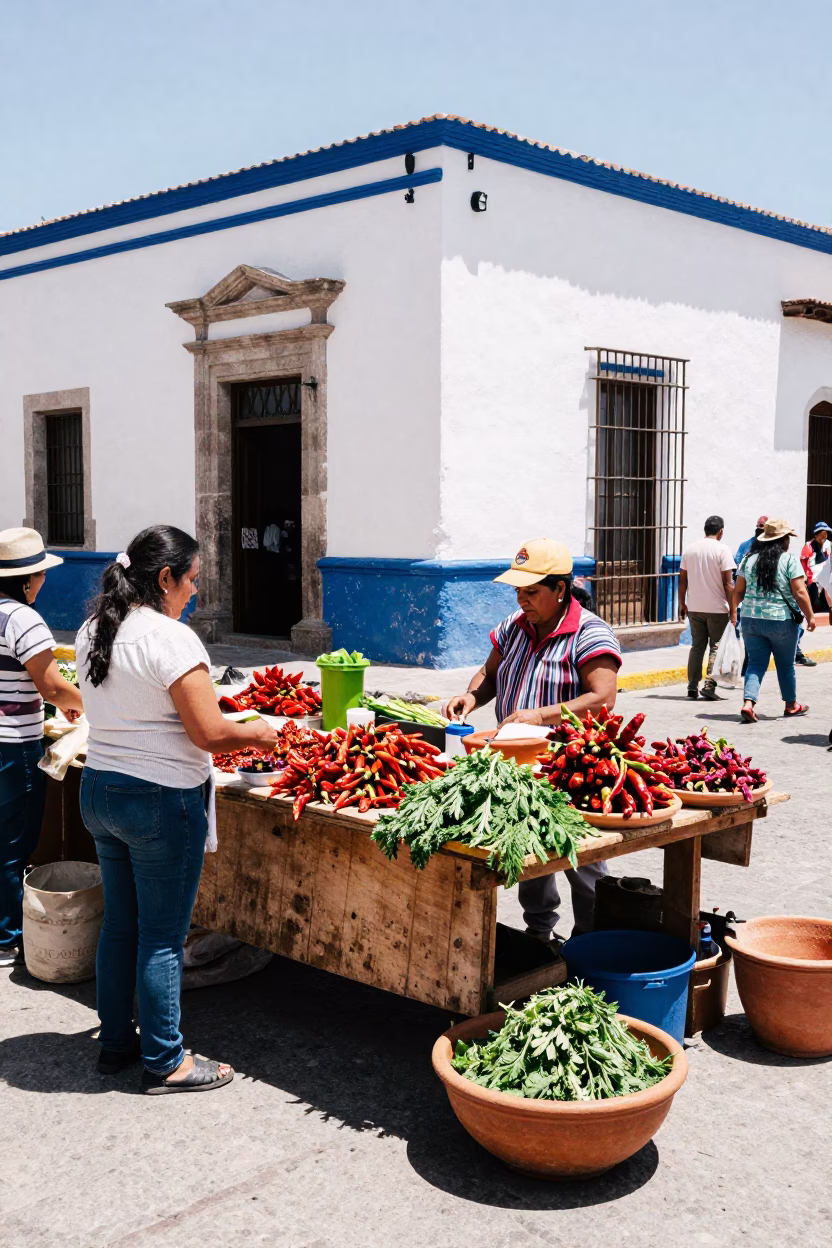 Vibrant Oaxacan Street Market Midday Scene with Local Vendors and Traditional Foods in in Oaxaca, Mexico