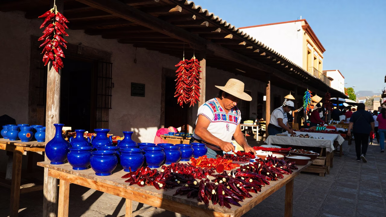 Vibrant Oaxacan Street Market Scene in Late Afternoon Light with Local Artisans in in Oaxaca, Mexico