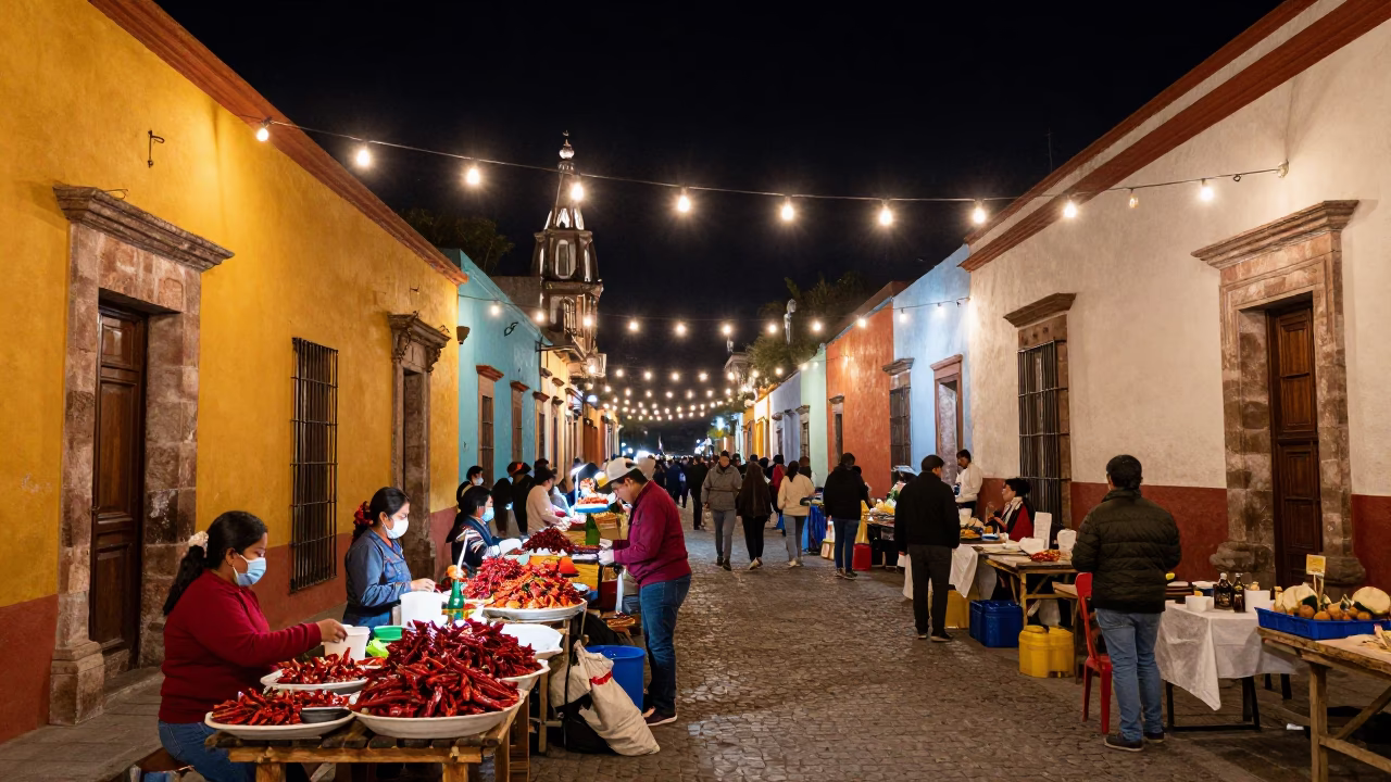Vibrant Oaxacan Street Night Market Scene with Colonial Architecture and Local Commerce in in Oaxaca, Mexico