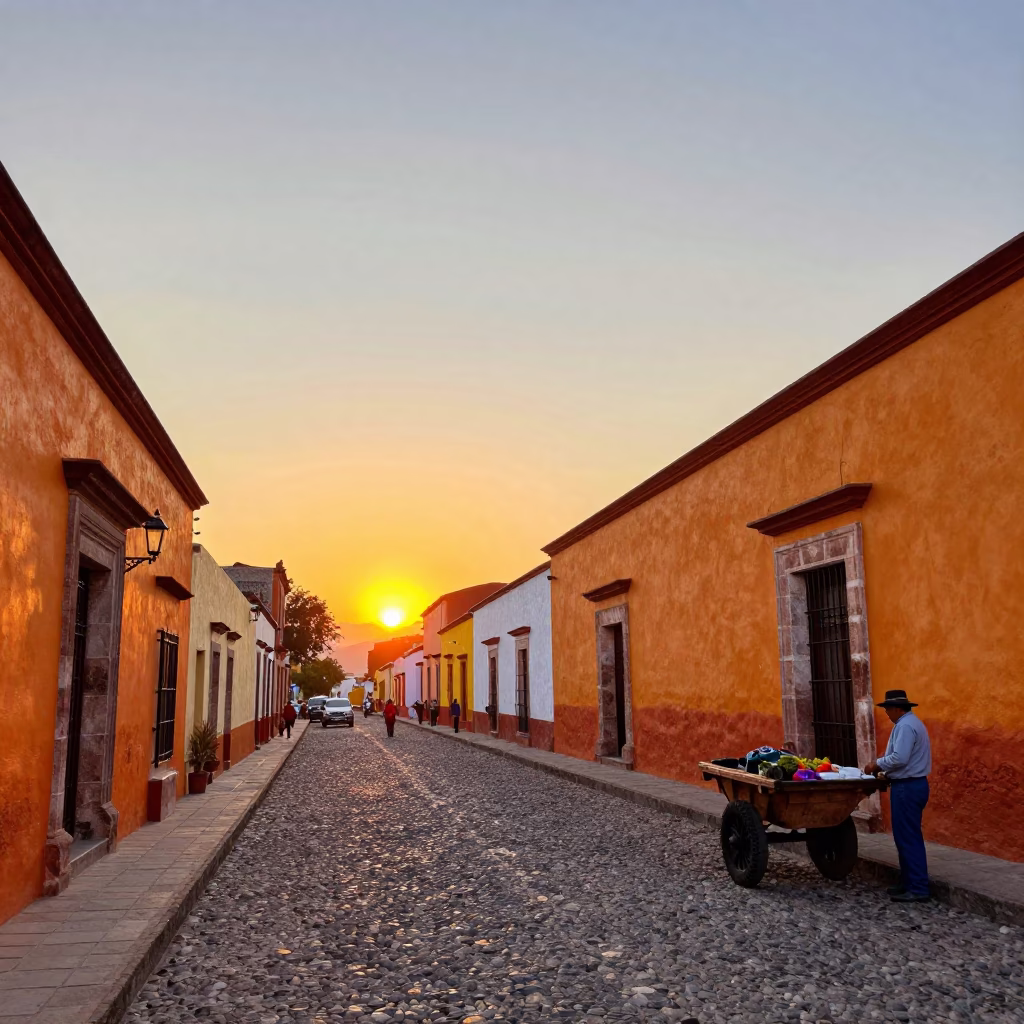 Vibrant Oaxacan Street Scene at Sunset with Colorful Facades and Local Activity in in Oaxaca, Mexico