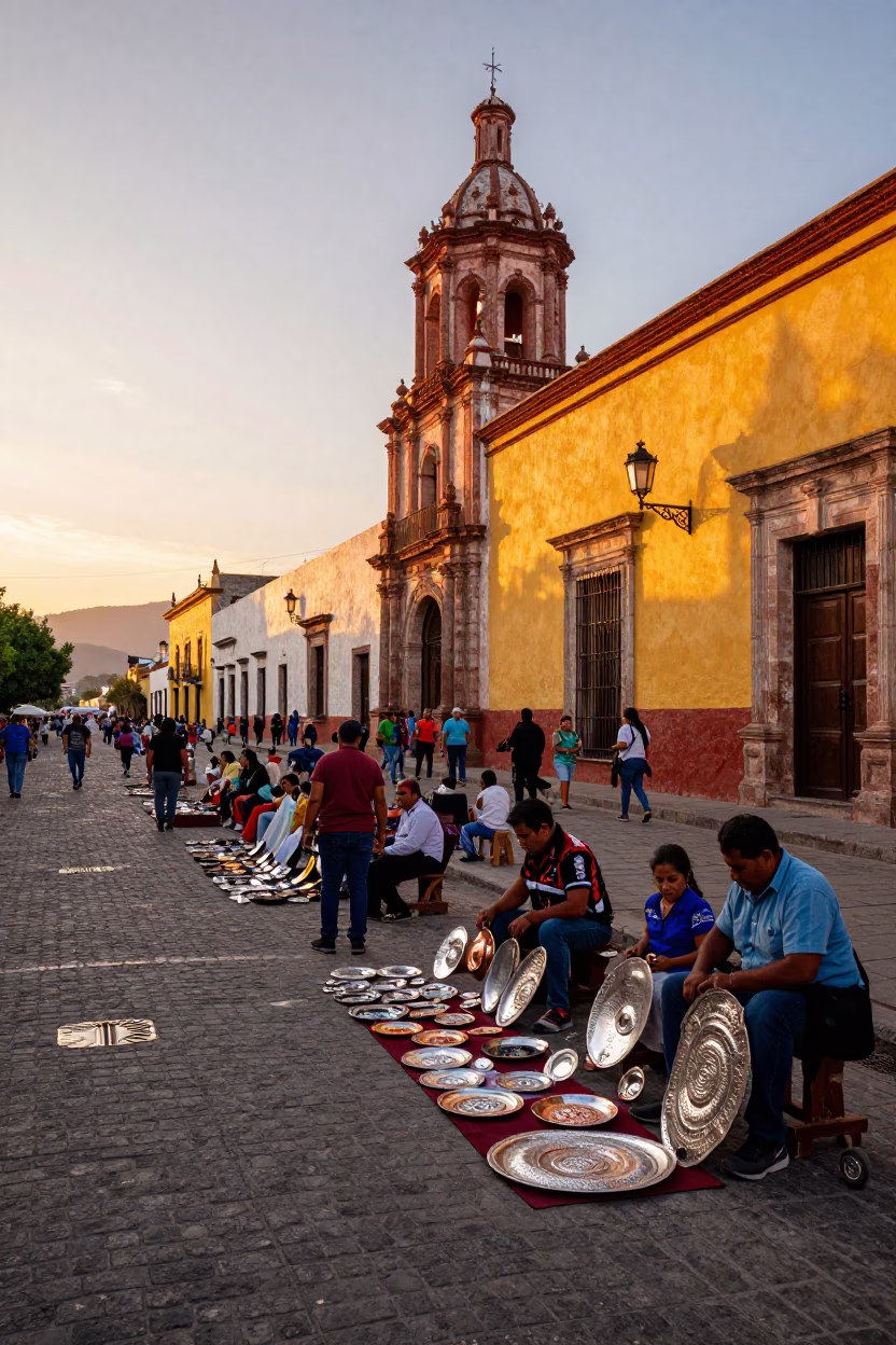Vibrant Oaxacan Street Scene at Sunset with Local Artisans and Colorful Textiles in in Oaxaca, Mexico