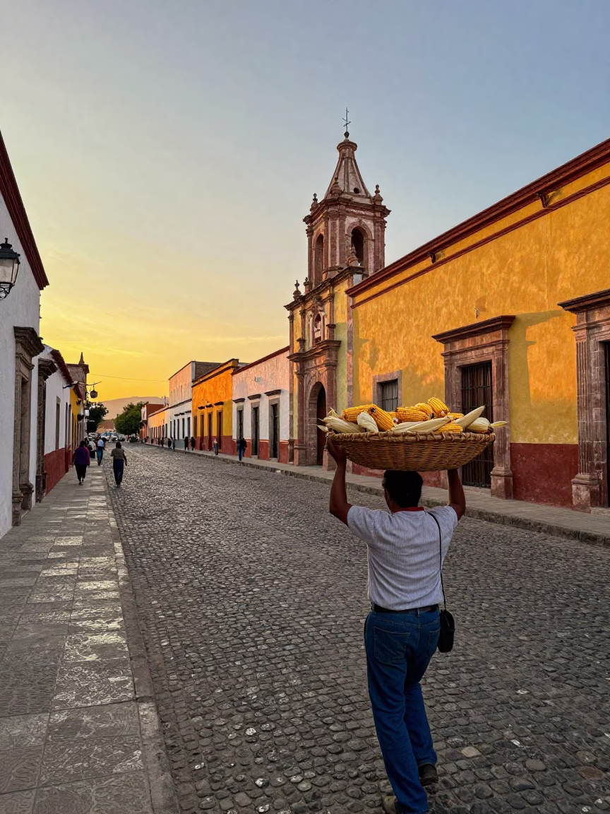 Vibrant Oaxacan Street Scene at Sunset with Wicker Hamper and Local Market Activity in in Oaxaca, Mexico