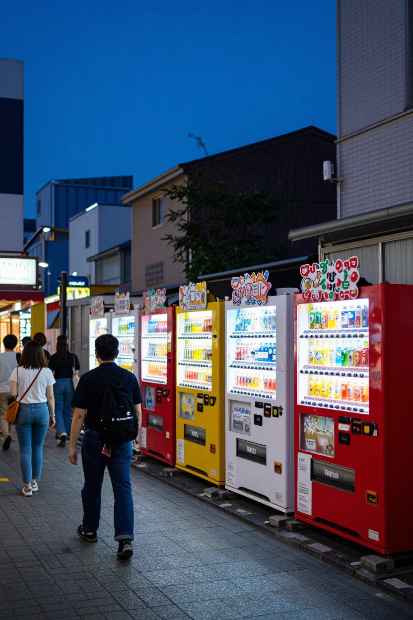 Vibrant Osaka Japan Twilight Street Scene with Colorful Vending Machines and Pedestrians in in Osaka, Japan