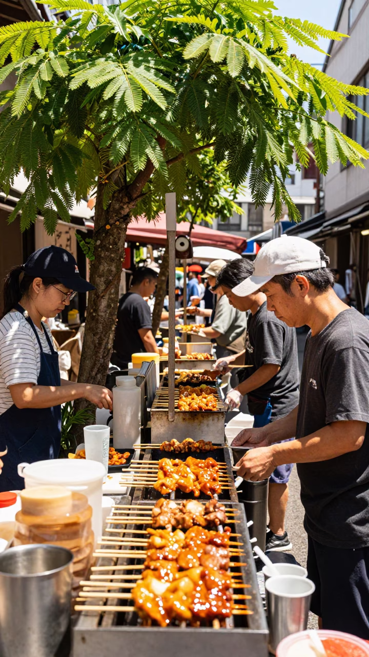 Vibrant Osaka Street Food Scene at Midday with Suya Skewers and Tamarind Tree in in Osaka, Japan