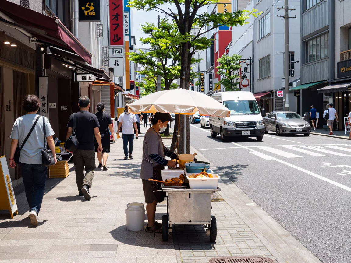 Vibrant Osaka Street Scene Under Flat Noon Glare with Heliconia and Iron Hook Details in in Osaka, Japan