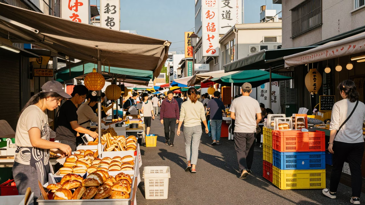 Vibrant Osaka Street Scene with Vintage 1970s Aesthetic and Local Market Details in in Osaka, Japan