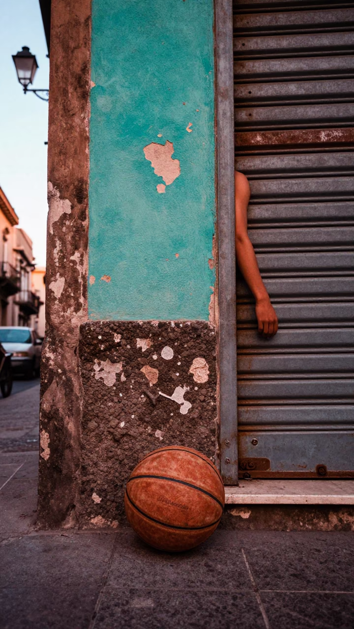 Vibrant Palermo Street Corner with Old Leather Basketball and Copper Dusk Light in Sicily in in Palermo, Italy