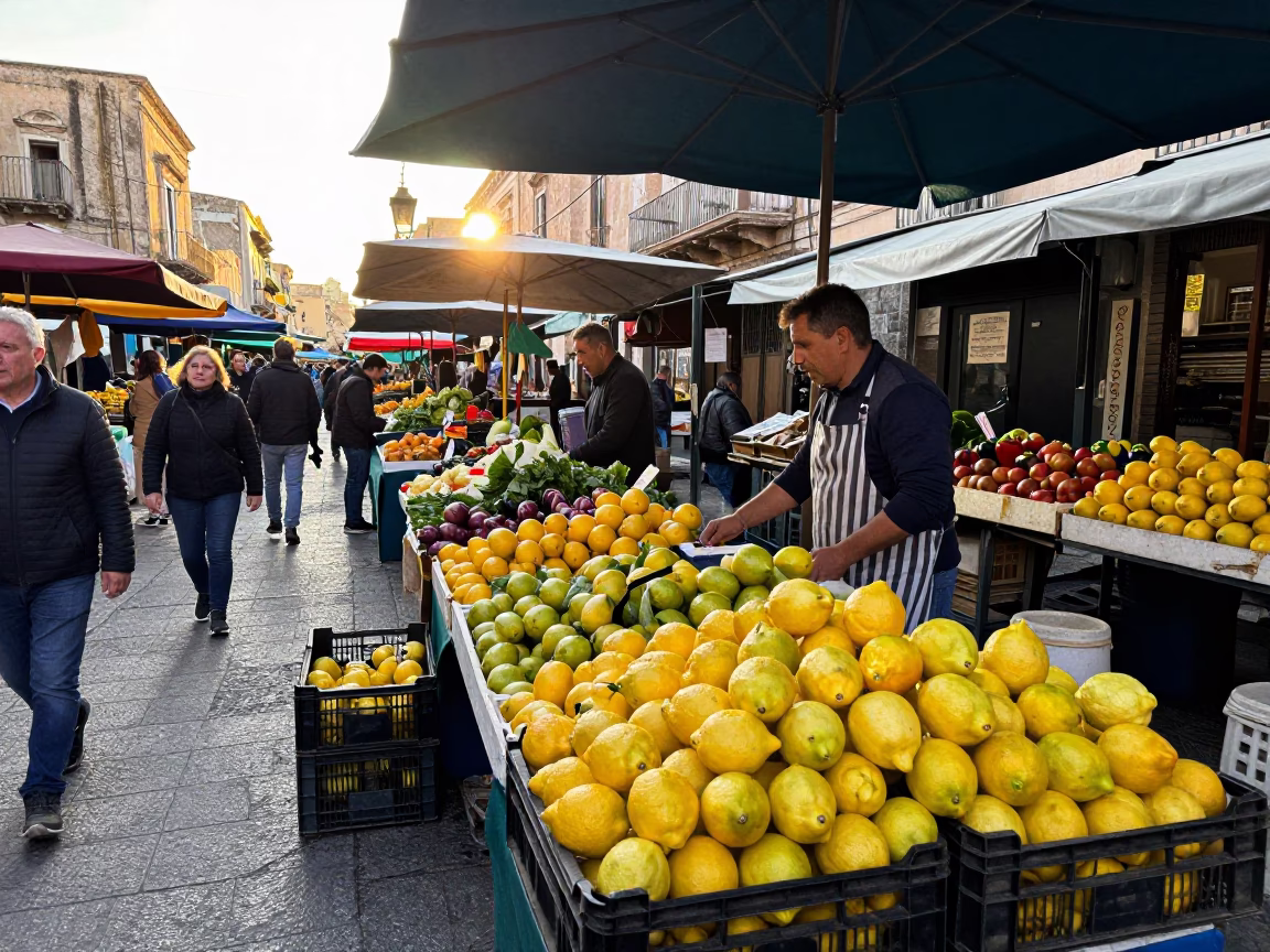 Vibrant Palermo Street Market Morning with Fresh Produce and Colorful Stalls in in Palermo, Italy