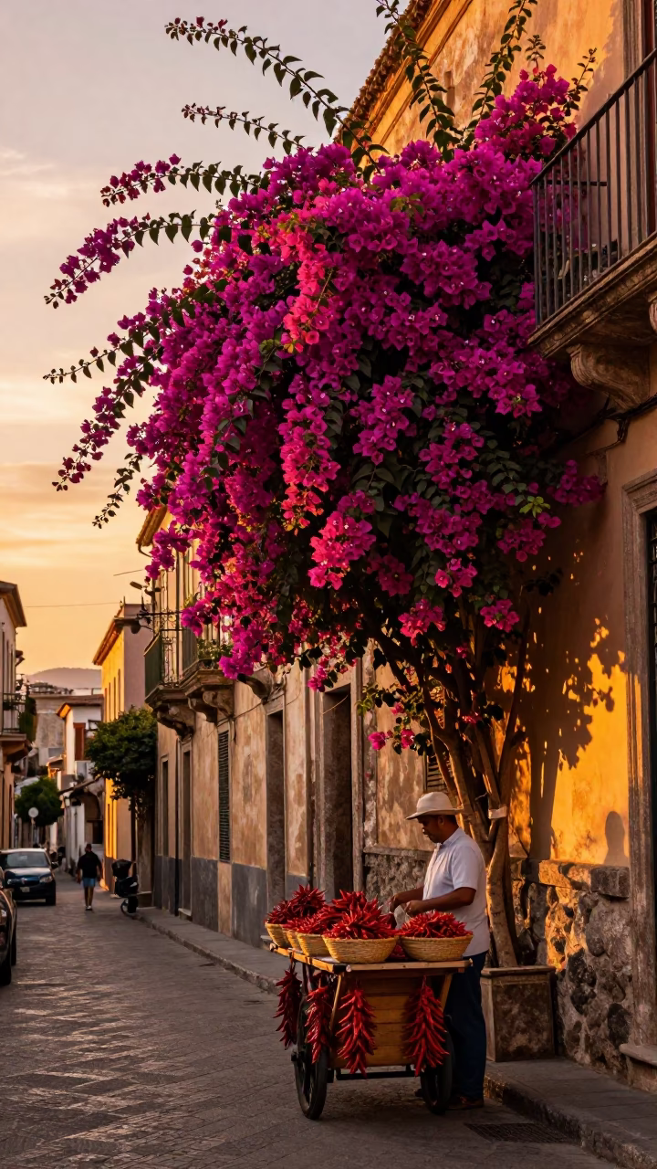 Vibrant Palermo Street Scene at Sunset Featuring Bougainvillea and Local Market Commerce in in Palermo, Italy