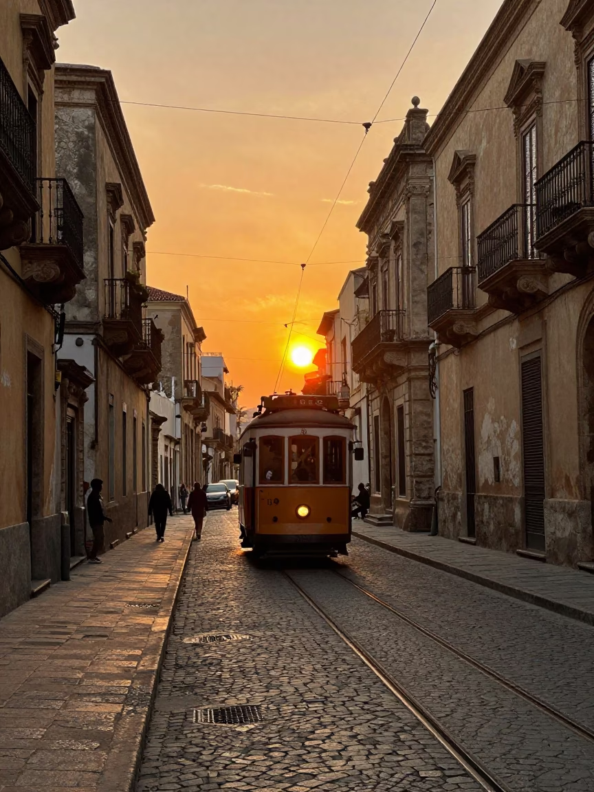 Vibrant Palermo Street Scene at Sunset with Heritage Tram on Cobblestone Avenue in in Palermo, Italy