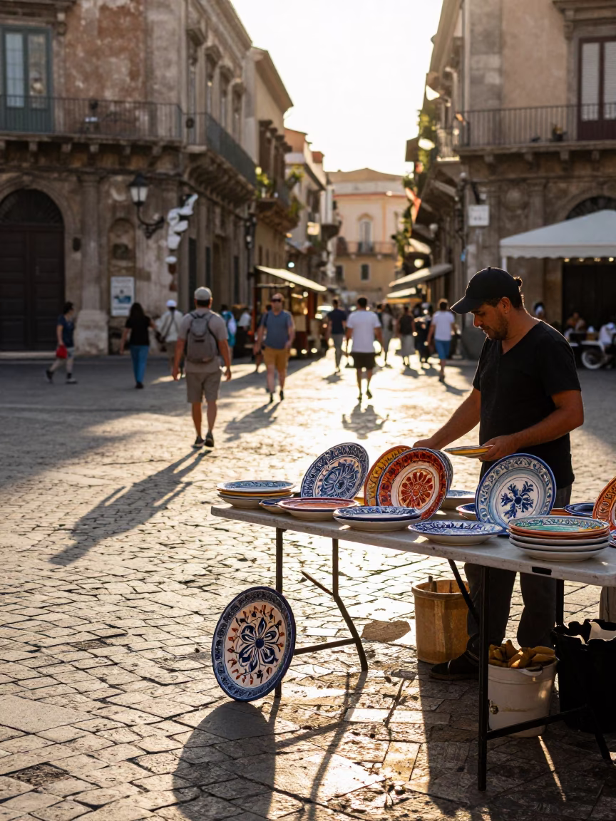 Vibrant Palermo Street Scene Early Afternoon with Folding Tables and Brushed Steel Bench in in Palermo, Italy