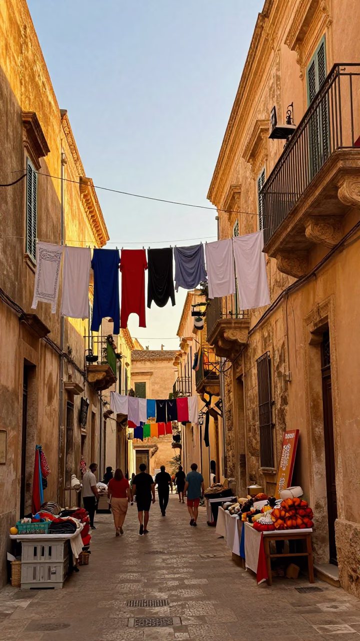 Vibrant Palermo Street Scene with Laundry and Market Goods in Honeyed Evening Light in in Palermo, Italy