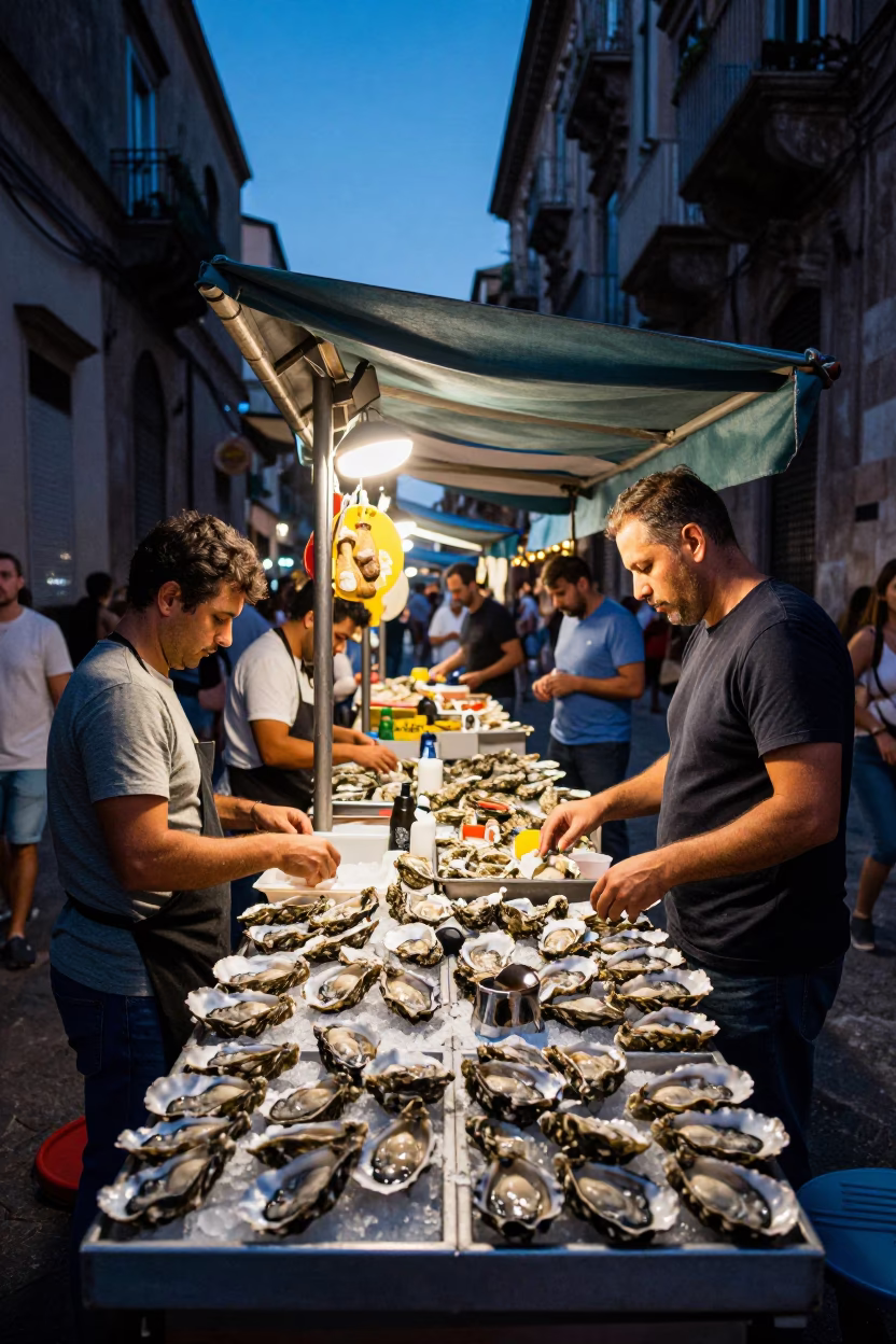 Vibrant Palermo Street Stall with Fresh Oysters in Evening Blue Light in in Palermo, Italy