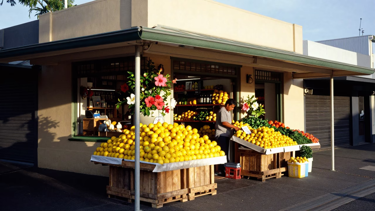 Vibrant Perth Street Scene with Fruit Stall and Hibiscus Flower in Early Morning Light in in Perth, Western Australia, Australia
