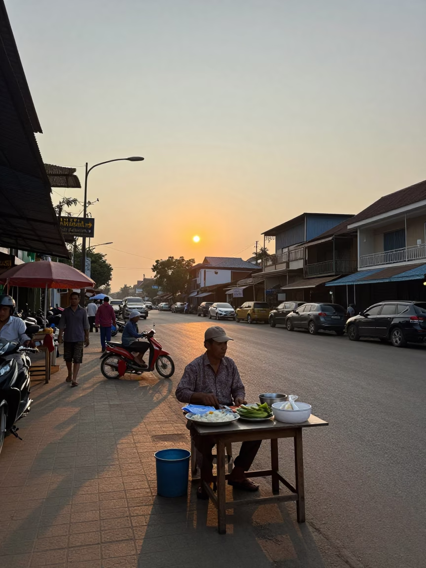 Vibrant Phnom Penh Street Scene at Sunset with Local Vendor and Traditional Decor in in Phnom Penh, Cambodia