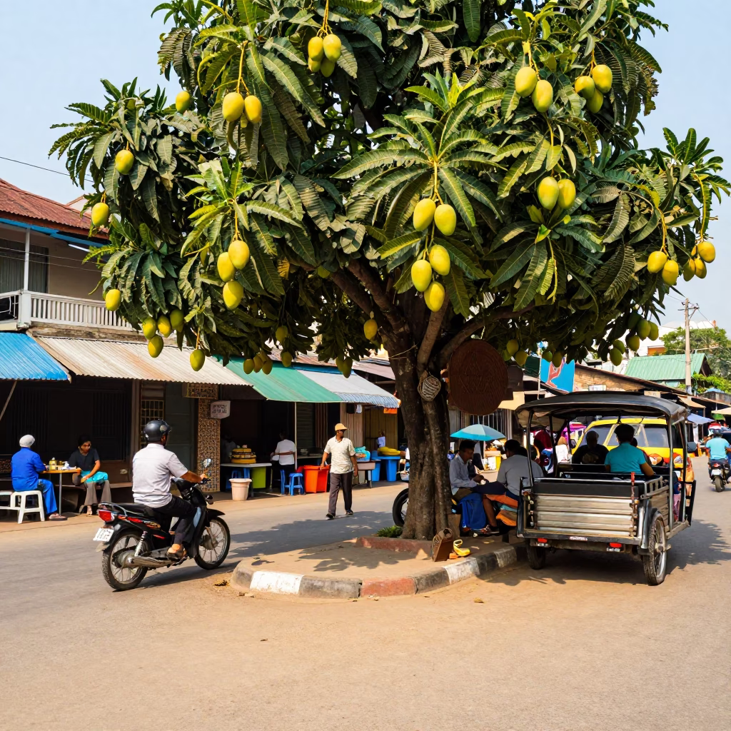 Vibrant Phnom Penh Street Scene with Mango Tree and Local Life in in Phnom Penh, Cambodia