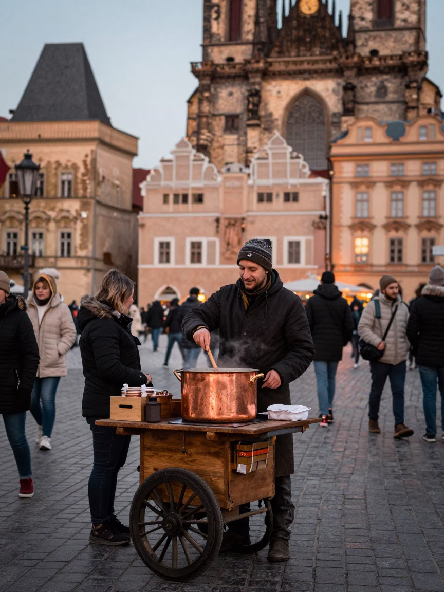 Vibrant Prague Street Scene Before Dusk with Local Vendor and Traditional Copper Cookware in in Prague, Czech Republic