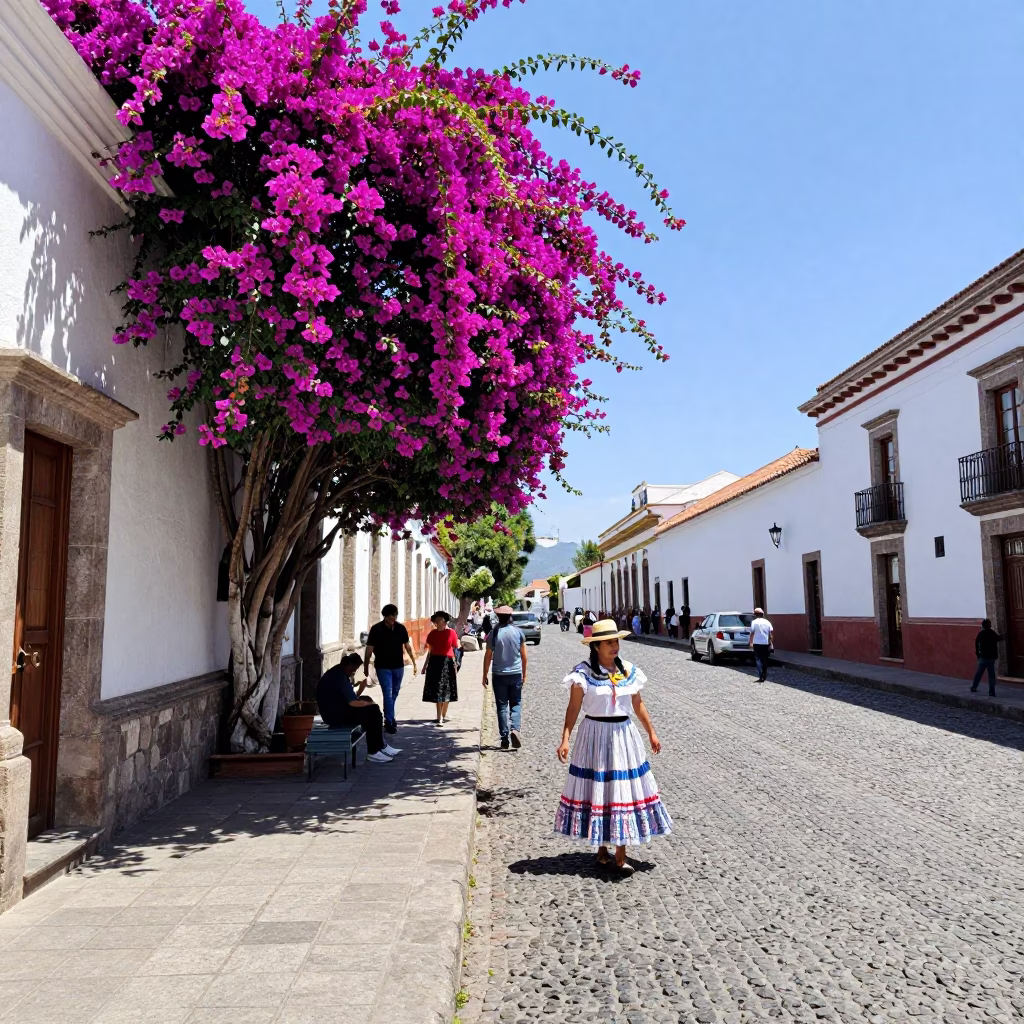 Vibrant Quito Ecuador Midday Street Scene with Bougainvillea and Local Market Activity in in Quito, Ecuador