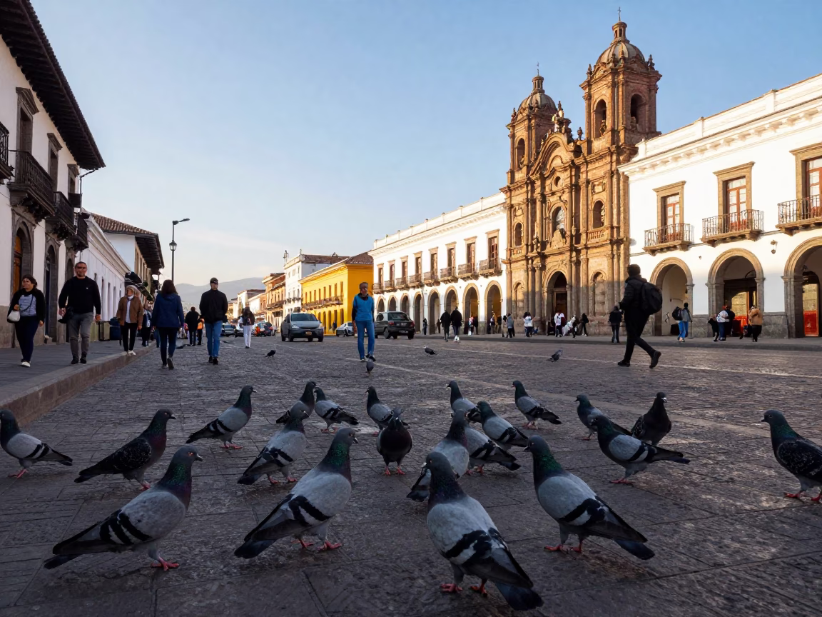 Vibrant Quito Street Scene Early Afternoon with Pigeons and Bicycle Rack in in Quito, Ecuador