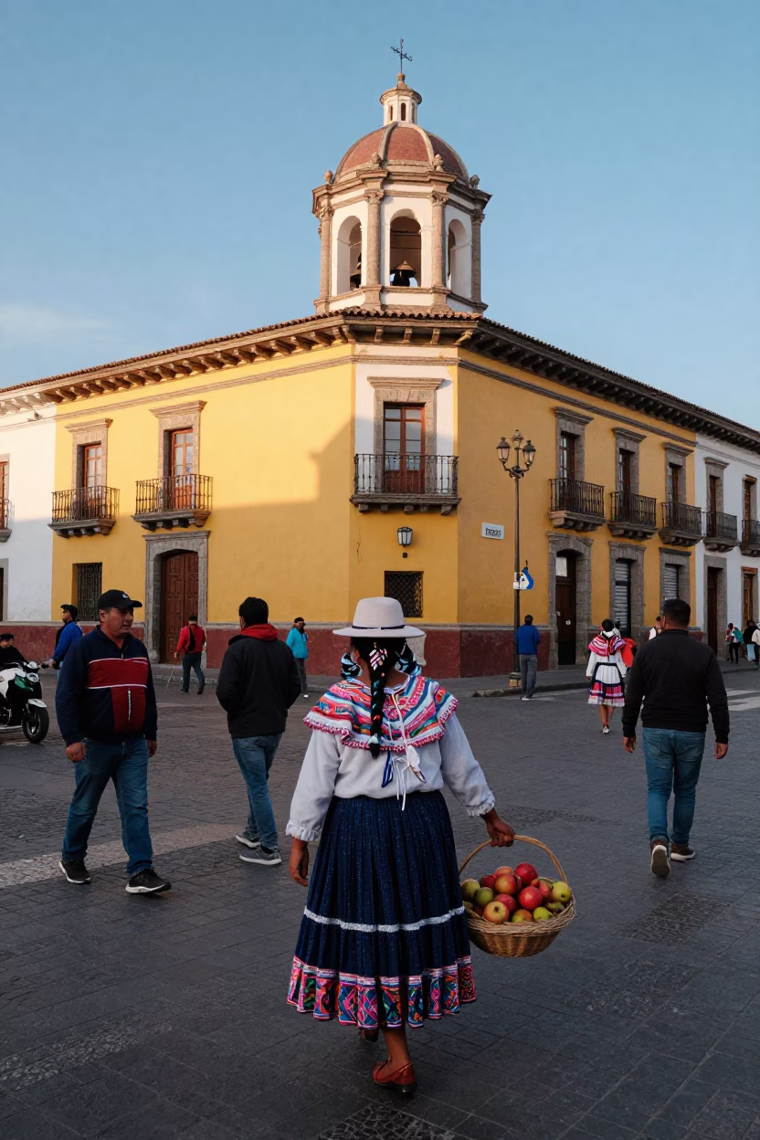 Vibrant Quito Street Scene with Traditional Clothing and Colorful Architecture in in Quito, Ecuador