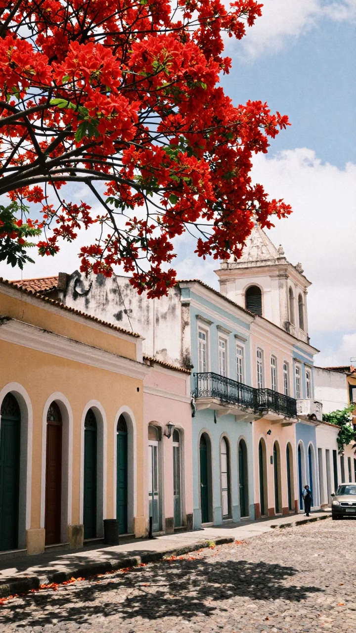 Vibrant Red Flame Tree Bloom and Colonial Architecture in Salvador Brazil Midday in in Salvador, Brazil