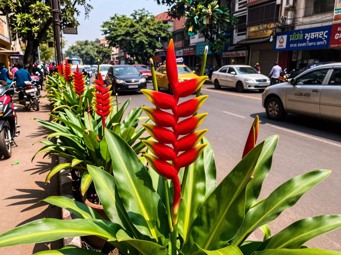 Vibrant Red Heliconia Blooms Amidst Busy Kolkata Street Traffic in Midmorning Light in in Kolkata, India