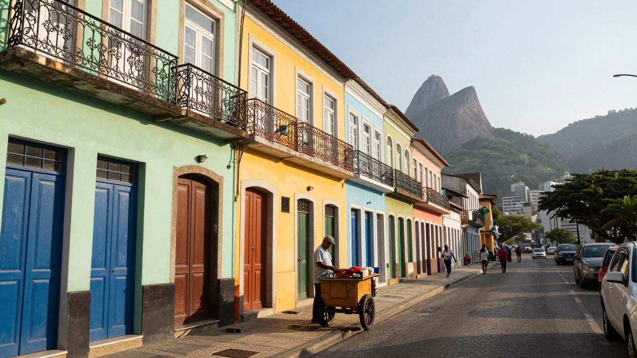 Vibrant Rio de Janeiro Street Scene with Colorful Balconies and Local Life in in Rio de Janeiro, Brazil
