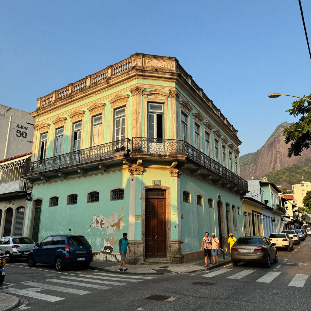 Vibrant Rio Street Scene Early Afternoon with Tamarind Tree and Local Commerce in in Rio de Janeiro, Brazil