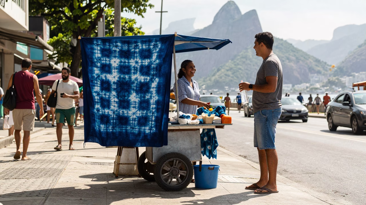 Vibrant Rio Street Scene with Indigo Fabric and Brass Accents in Late Afternoon Sun in in Rio de Janeiro, Brazil