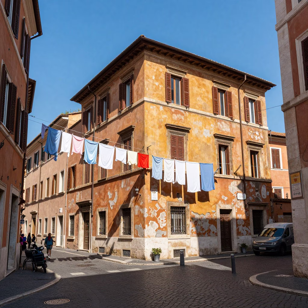 Vibrant Roman Street Scene With Laundry Hanging And Golden Morning Light in in Rome, Italy