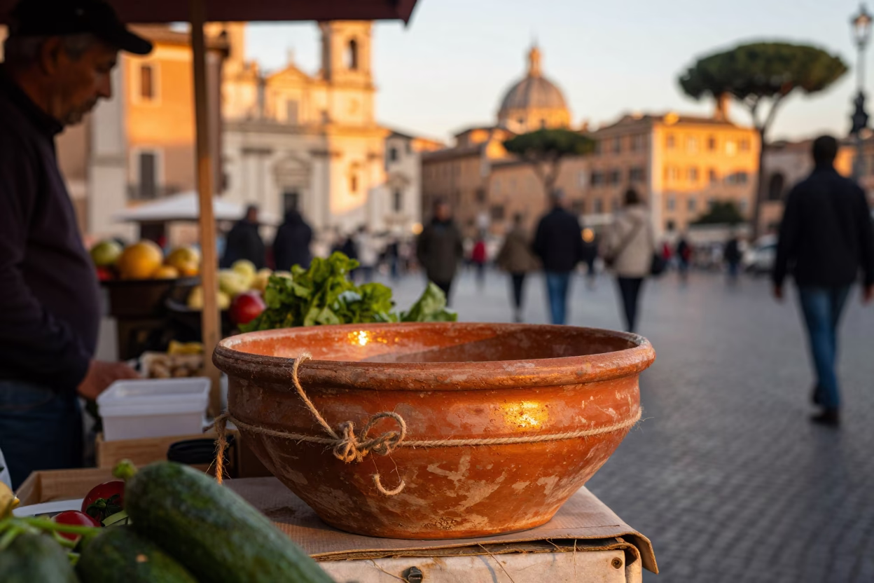 Vibrant Rome Street Scene at Golden Hour with Terracotta Bowl and Twine in in Rome, Italy