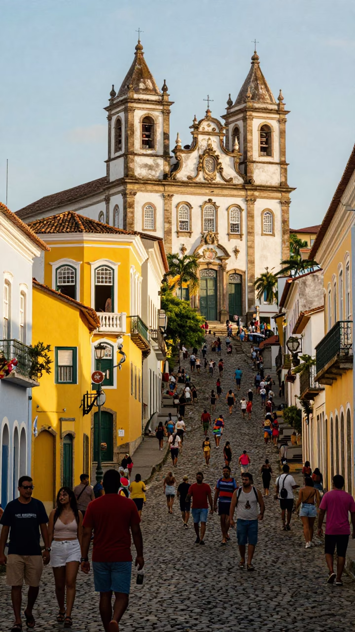 Vibrant Salvador Brazil Afternoon Street Scene with Colorful Architecture and Busy Pedestrians in in Salvador, Brazil