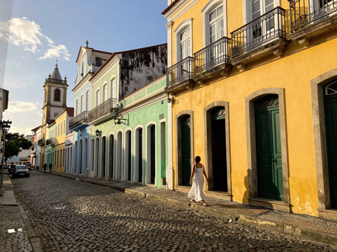 Vibrant Salvador Brazil Afternoon Street Scene with Colorful Architecture and Local Life in in Salvador, Brazil
