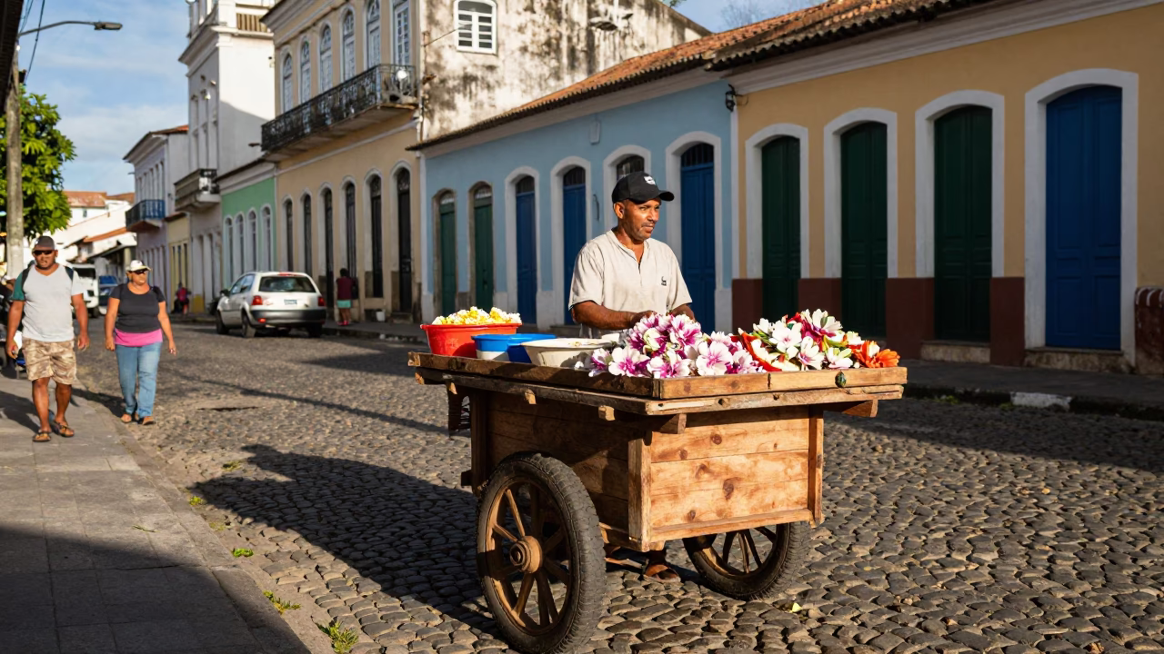 Vibrant Salvador Brazil Afternoon Street Scene with Local Vendor and Colorful Flowers in in Salvador, Brazil