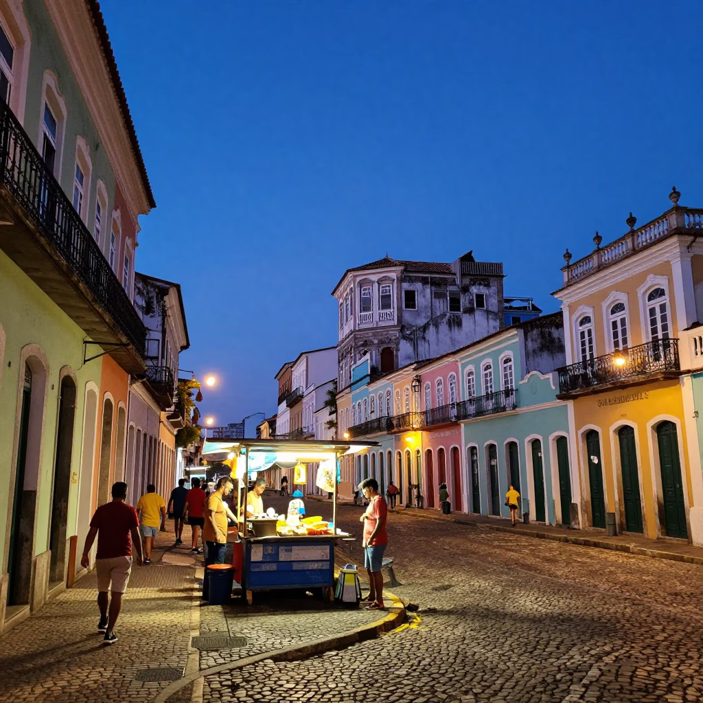 Vibrant Salvador Brazil Evening Street Scene with Colorful Architecture and Local Life in in Salvador, Brazil