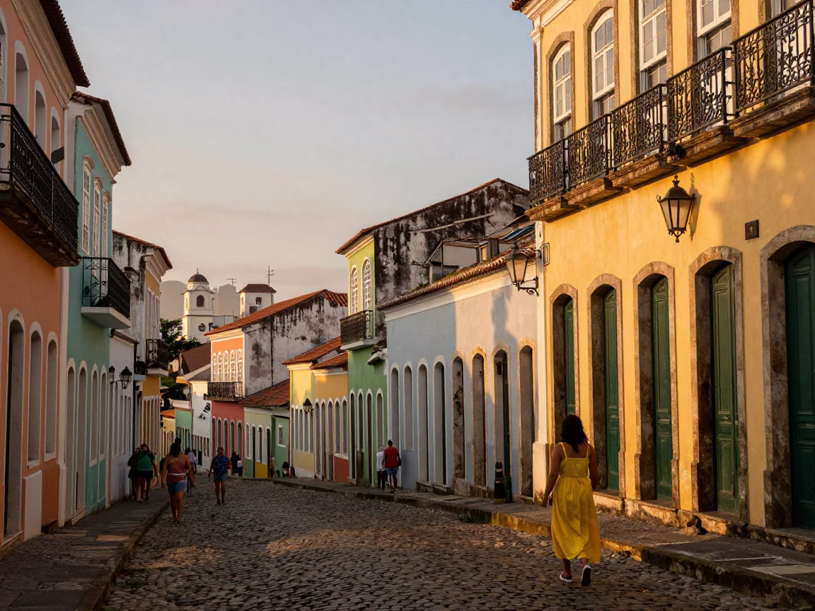 Vibrant Salvador Brazil Evening Street Scene with Colorful Facades and Geraniums in in Salvador, Brazil