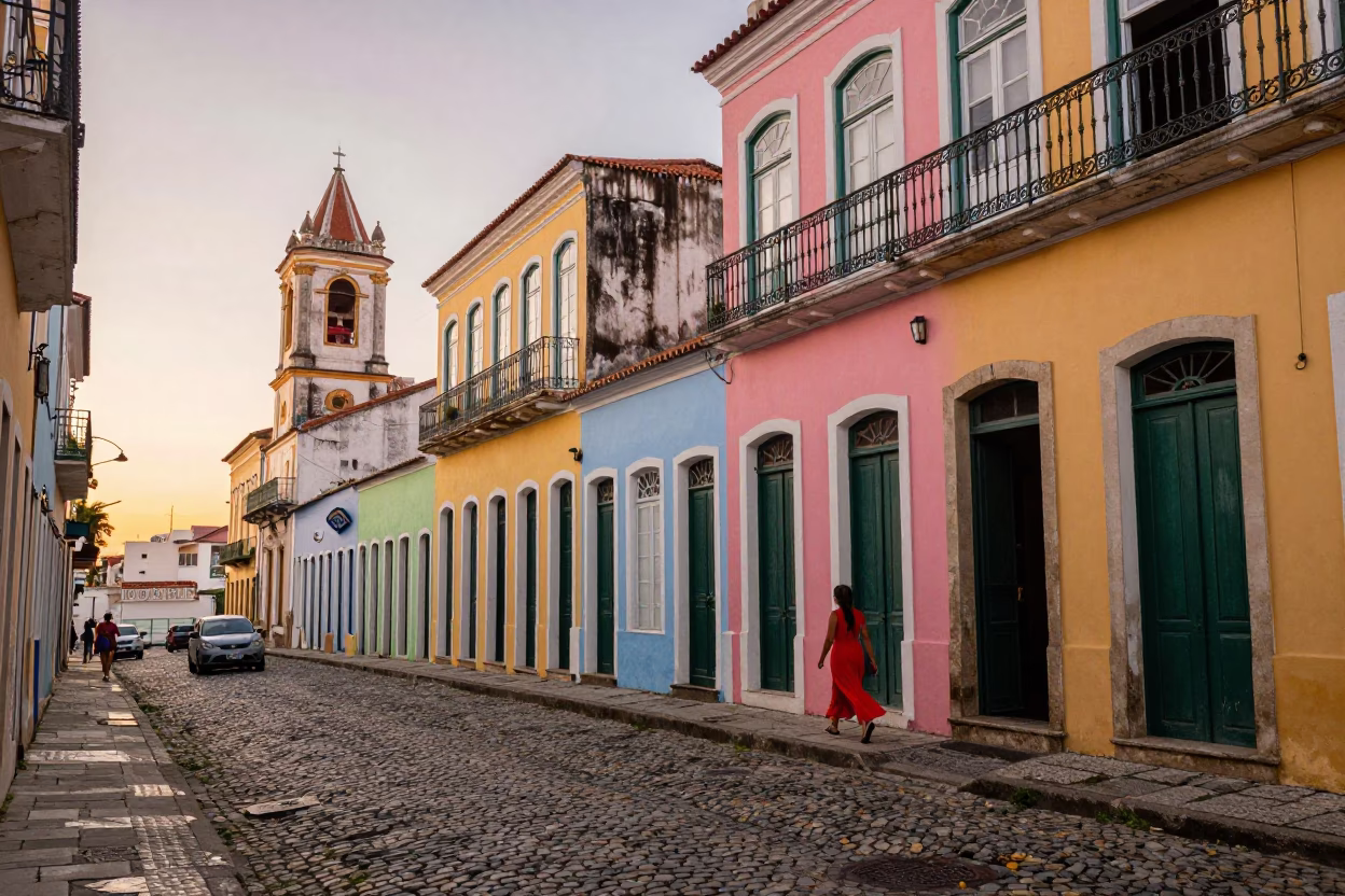 Vibrant Salvador Brazil Evening Street Scene with Colorful Facades and Local Life in in Salvador, Brazil