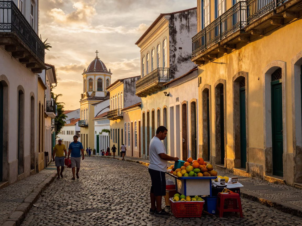 Vibrant Salvador Brazil Evening Street Scene with Local Vendors and Colorful Architecture in in Salvador, Brazil