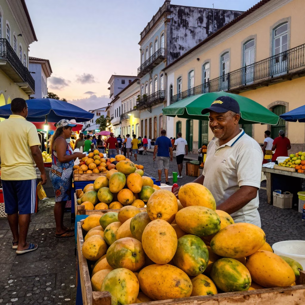 Vibrant Salvador Brazil Evening Street Scene with Mangoes and Local Market Activity in in Salvador, Brazil