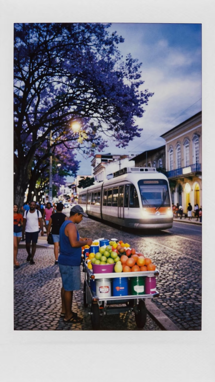 Vibrant Salvador Brazil Evening Street Scene with Monorail and Jacaranda Trees in in Salvador, Brazil